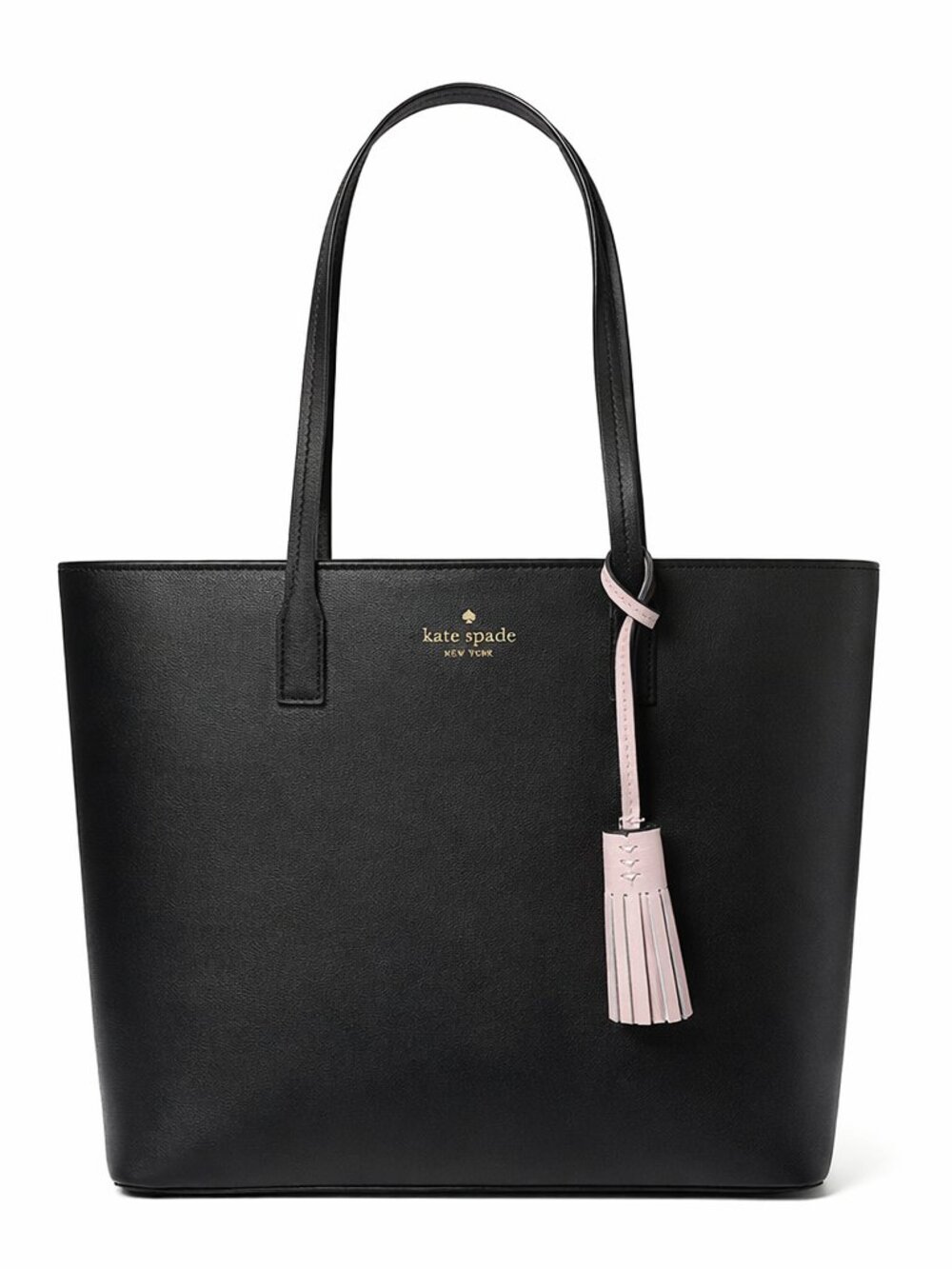 Kate Spade Black Saffiano Leather Medium Tote Pink Tassel Zip Top Work Bag